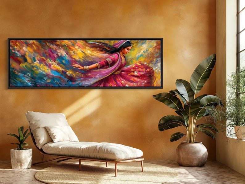 a painting hanging on a wall above a chaise
