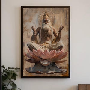 Brahma Lotus Canvas Art, Hindu God Illustration, Spiritual Decor