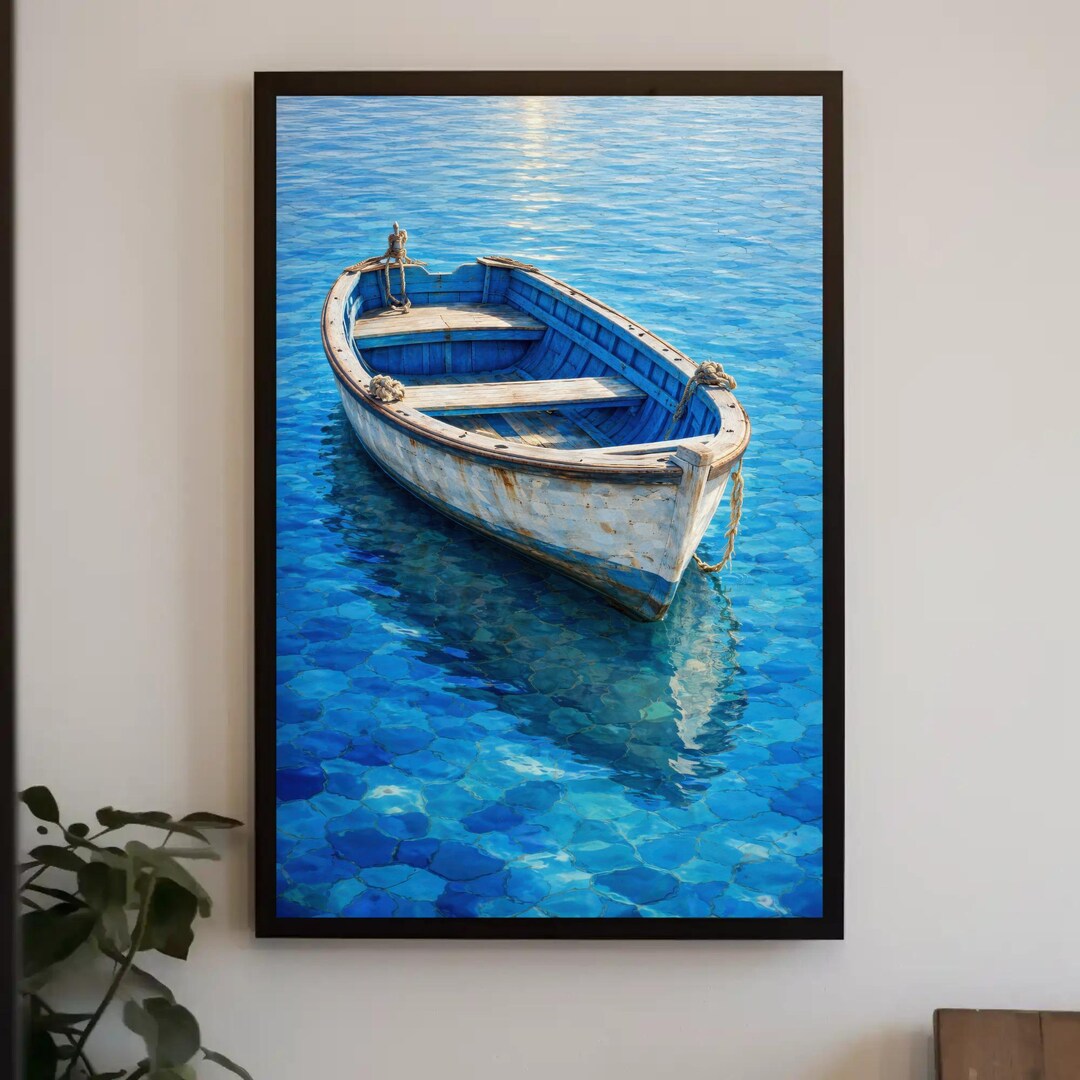 Blue Boat Canvas Print: Mediterranean Coastal Wall Art for Beach Decor ...