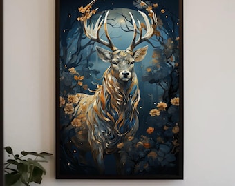 Golden Stag Canvas Print – Night Forest Wildlife Art