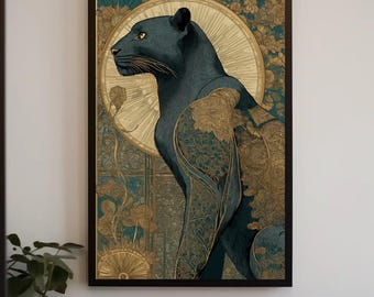 Art Deco Panther Canvas Print, Gold Floral Geometric Teal Cat Wall Art