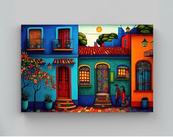 Colorful Mexican Village Art Print, Folk Art Wall Decor