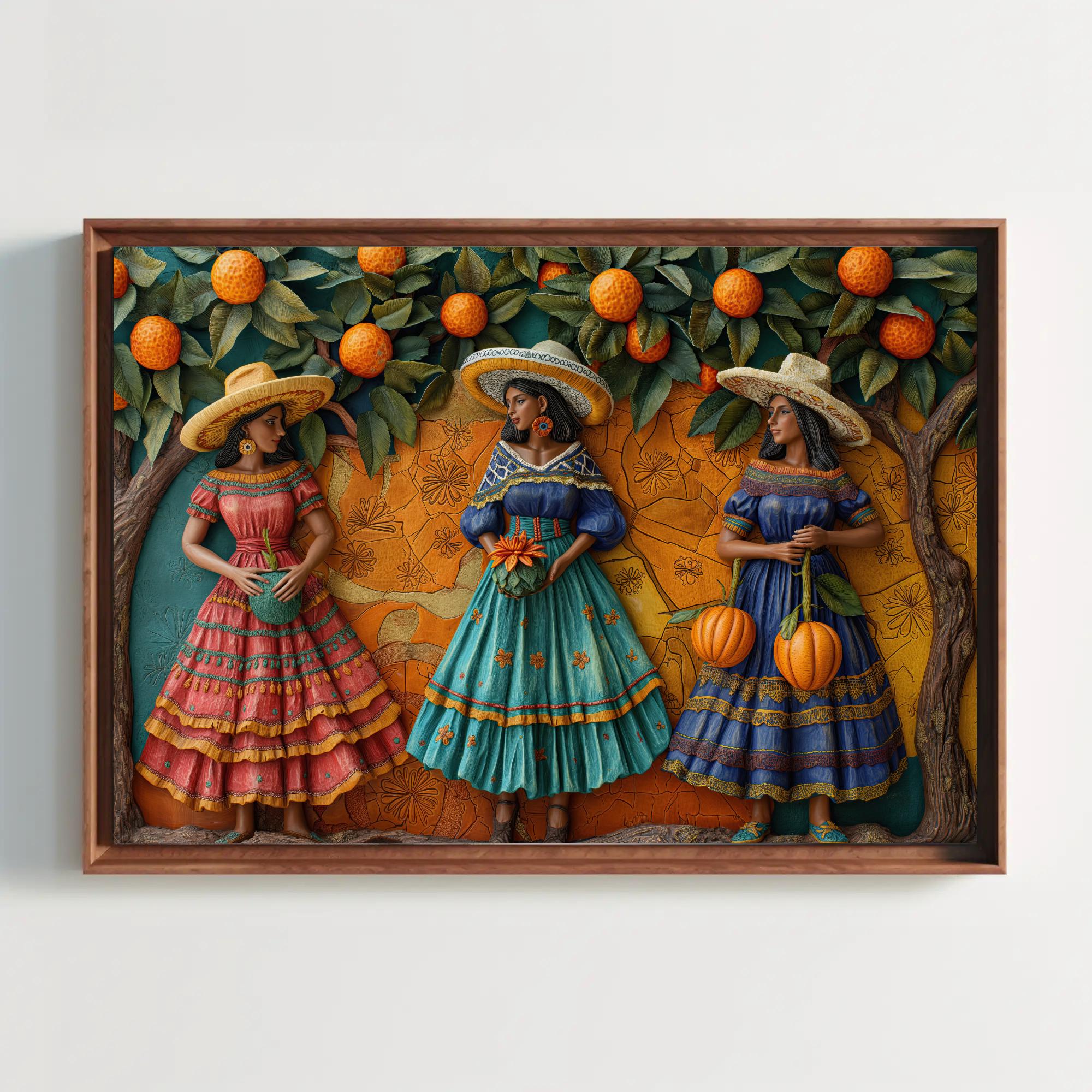 メキシコ　立体アート 額縁付き 壁掛け 絵画 3Dオブジェ 69×50cm Mexican Women Canvas Wall Art, 3D Illusion Decor, Ready to Hang - Etsy