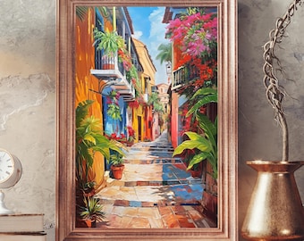 Cartagena Street Art Print, Colorful Colombian Painting