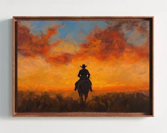 Cowboy Sunset Canvas Print, Western Landscape Painting, Rustic Wall Art