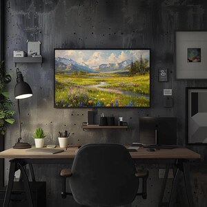 Vintage Meadow Landscape Canvas Print, Mountain River Art imagen 5