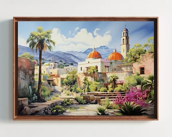 Mexican Town Watercolor Painting, Colorful Canvas Wall Art