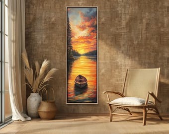 Orange Sunset Lake Canvas – Vertical Wall Art, Rowboat Landscape for Modern Home Decor