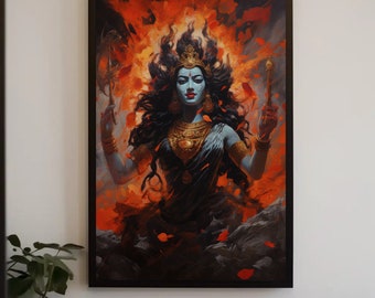 Hindu Goddess Kali Durga Canvas Wall Art - Vibrant Hindu Religious Art Poster For Home & Bedroom Decor, 24x36 Inch Unframed