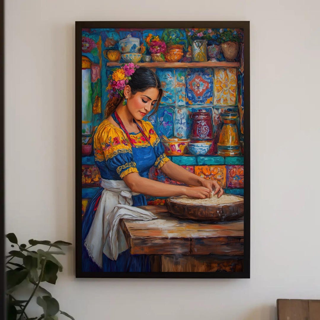 Mexican Kitchen Wall Art Canvas, Traditional Mexican Woman Making