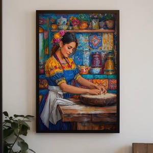 Mexican Kitchen Wall Art Canvas, Traditional Mexican Woman Making Tortillas, Mexico Kitchen Decor, Cultural Mexican Painting Canvas Print