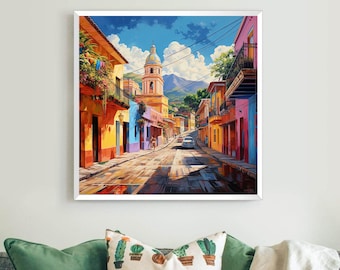 El Salvador Street Scene Canvas Print, Colorful Salvadorian Art