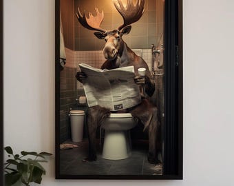Funny Moose Bathroom Canvas Art: Reading Newspaper Print