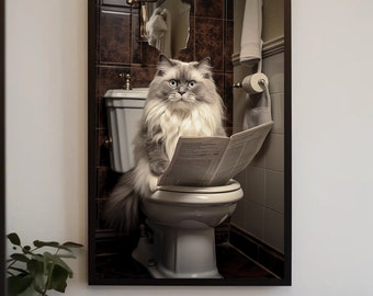 Ragdoll Cat Reading Newspaper On The Toilet Cat Lovers Gift Canvas Painting Funny Bathroom Art Framed Print Restroom Decor Toilet Humor Art