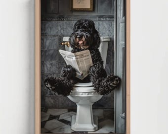 Funny Black Doodle Dog Canvas Print, Toilet Newspaper Art