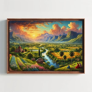 Indian Mystical Landscape Canvas Print | Vibrant Scenic Wall Art | India Oil Painting | Rustic Indian Decor for Living Room or Bedroom