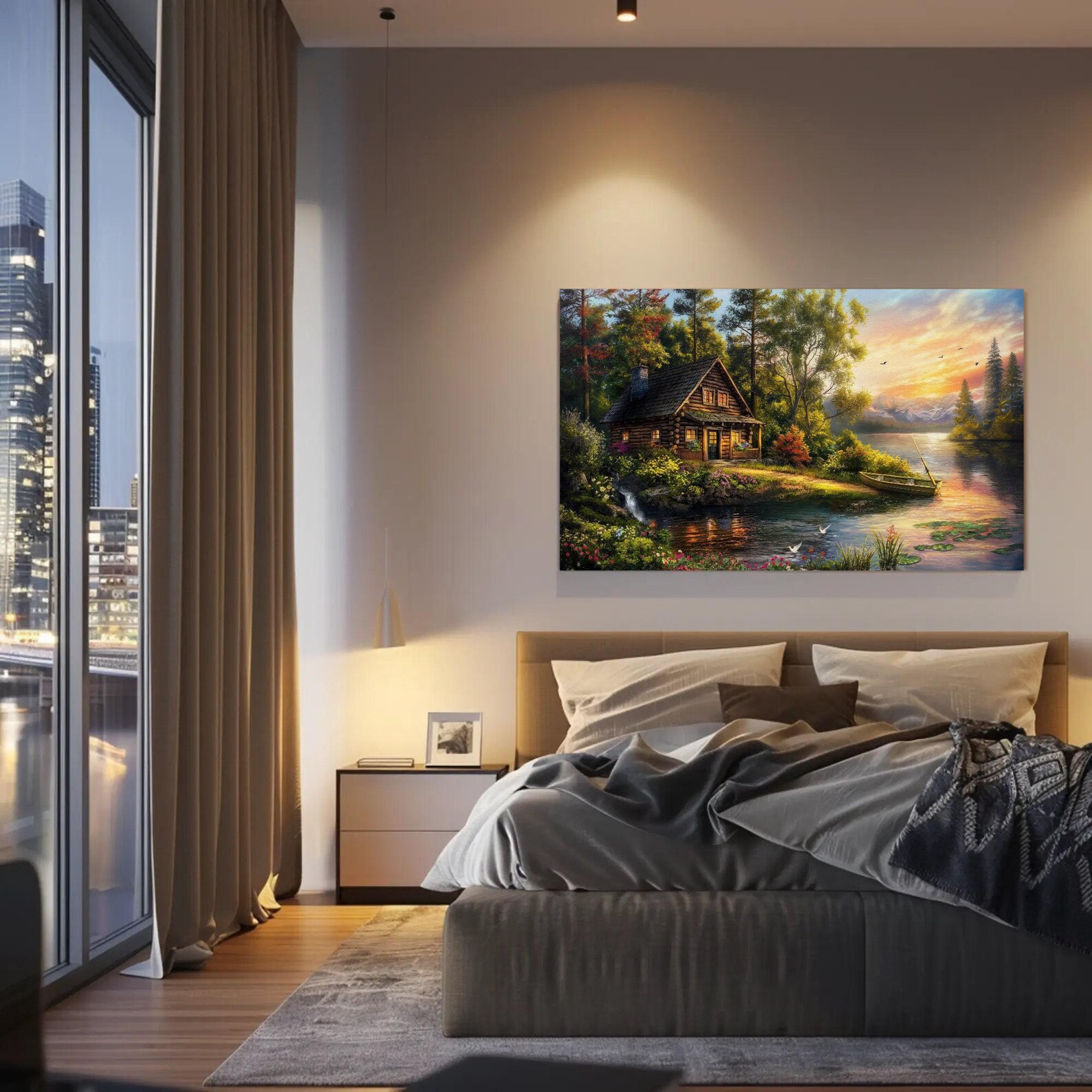 Riverside Cabin Canvas Print, Scenic Landscape Framed Wall Art - Etsy