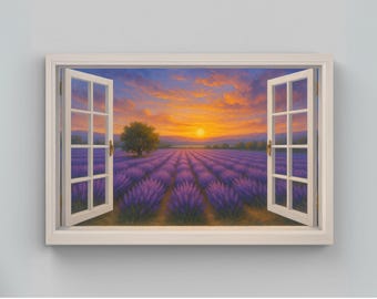 Lavender Field Sunset Canvas Art: French Country Window View
