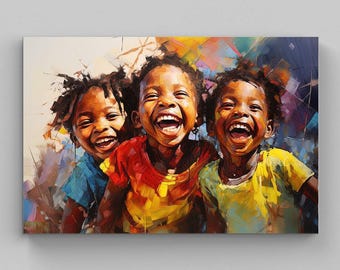 Happy African Children Canvas Art, Colorful Kids Portrait, Framed Wall Art