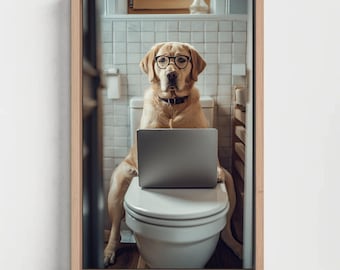 Funny Labrador Retriever on Toilet Canvas Art – Dog Lover Bathroom Humor