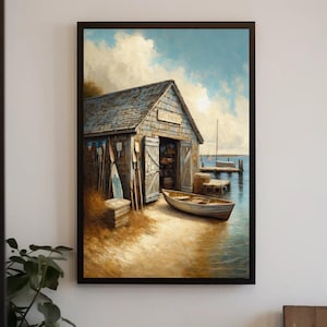 Boat House Vertical Canvas Print | Stunning Oil Painting Wall Art | Coastal-Inspired Seaside Beach House Decor | Nautical Boat House Canvas