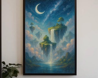 Fantasy Floating Islands Canvas Print, Moonlit Waterfall, Surreal Home Decor