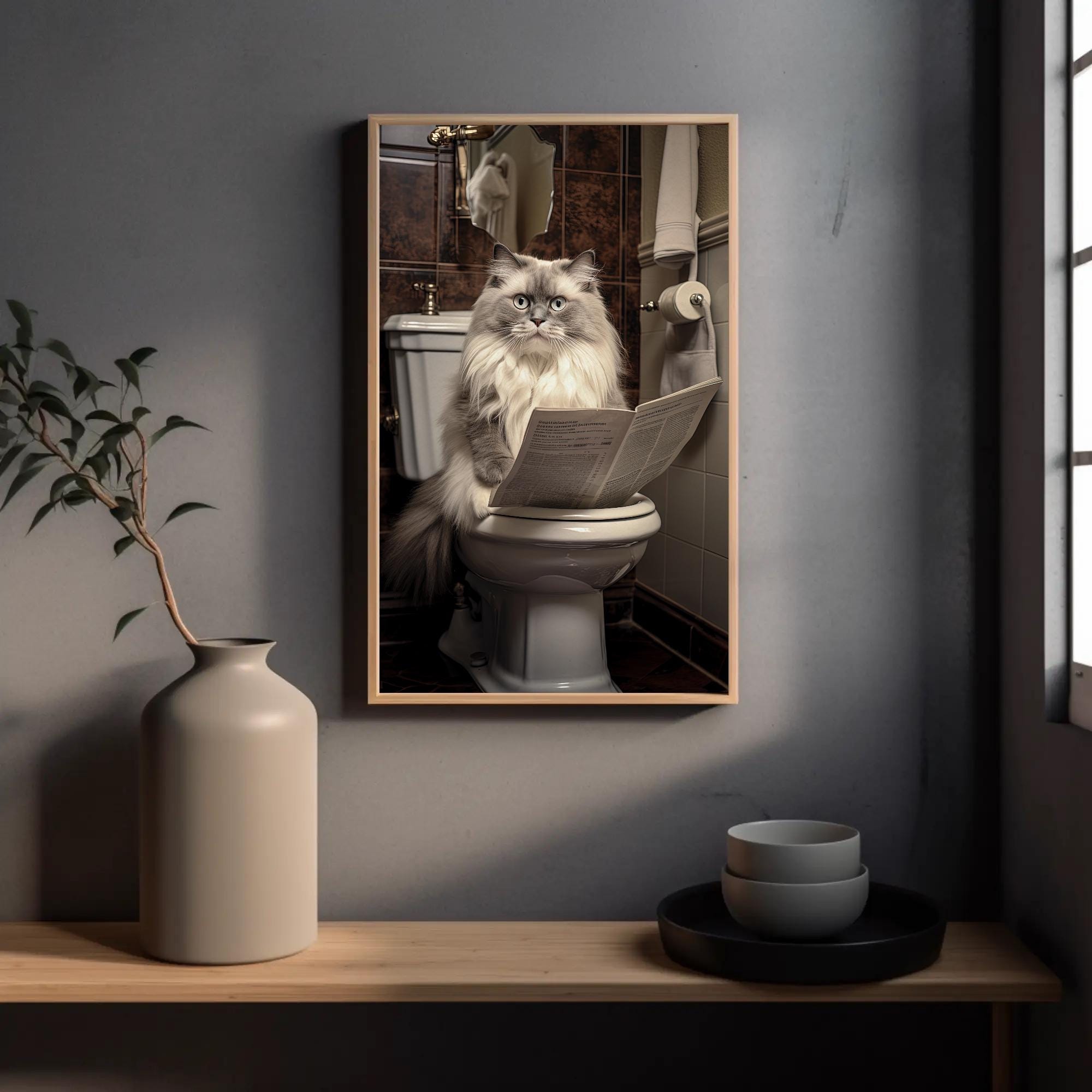 Ragdoll Cat Toilet Newspaper Art | Funny Bathroom Framed Print - Etsy