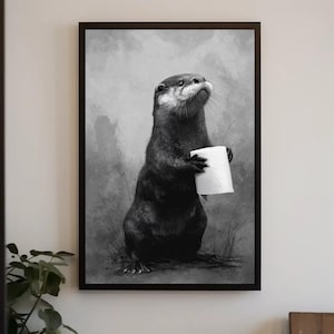 Funny Otter Bathroom Canvas Print, Toilet Paper, Modern Washroom Art