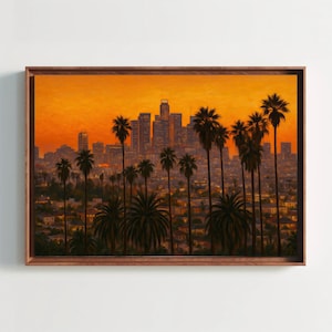 Los Angeles Skyline at Sunset with Palm Trees Canvas Print Urban California Landscape Wall Art for City Lovers Gift