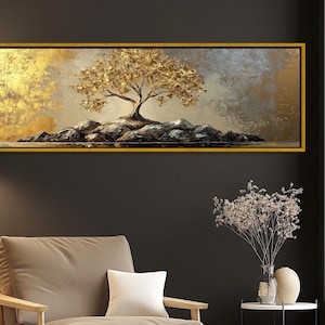 Gold Tree Canvas Art: Panoramic Metallic Landscape Painting