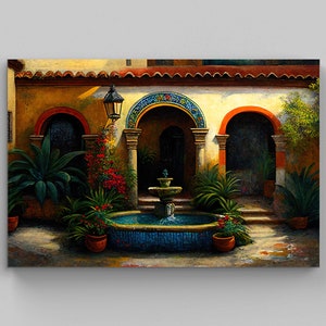 Mexican Courtyard Art, Mexican Garden Oil Painting, Wall Art Decor, Colorful Art Print, Mexican Art, Mexican Decor, Home Decor, Latino Art