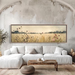 Wildflowers Vintage Painting, Earthy Tones Panoramic Canvas, Framed Wall Art image 1