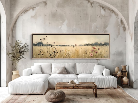 Wildflowers Vintage Painting, Earthy Tones Panoramic Canvas, Framed Wall Art