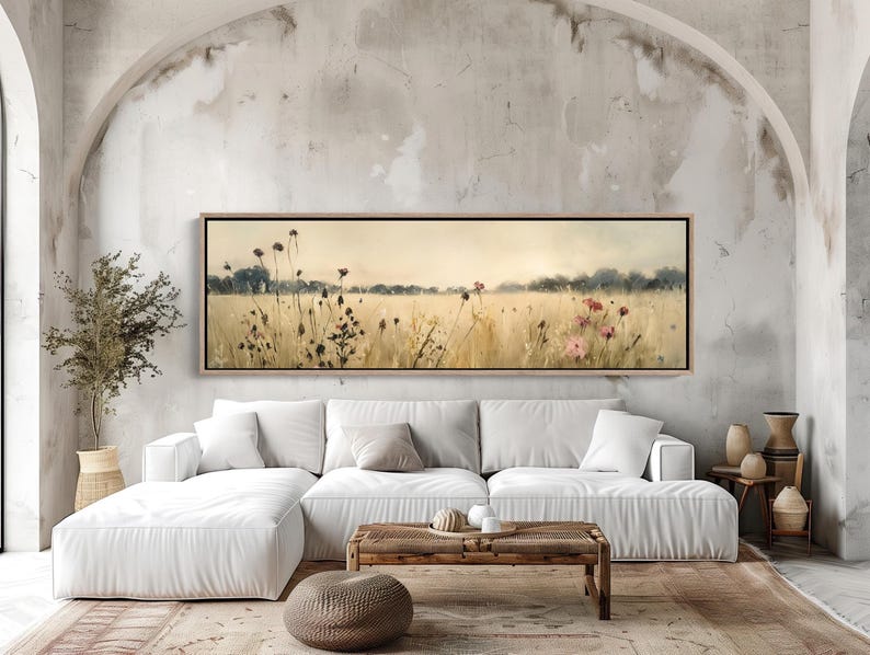 Wildflowers Vintage Painting, Earthy Tones Panoramic Canvas, Framed Wall Art image 1