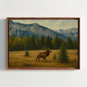 Majestic Elk in Rocky Mountains Canvas Print, Serene Wildlife Painting, Rustic Forest Landscape Wall Art, Peaceful Mountain Nature Decor