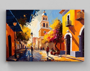 Mexican Village Landscape Art Print, Colorful Home Decor
