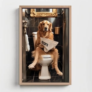 Golden Retriever Reading Newspaper on Toilet Canvas Print - Toilet Humor - Whimsical Bathroom Art - Funny Animal Print - HQ Ready to Hang