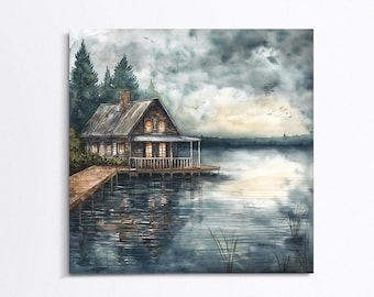 Rustic Lake House Canvas Print, Framed Cottage Wall Art
