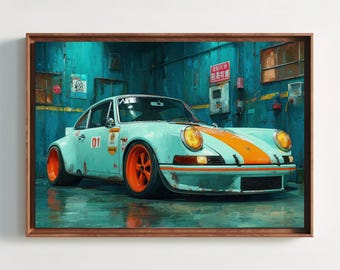 Vintage Porsche 911 Print | Classic Racing Car Wall Art | Man Cave Decor Canvas | Automotive Poster for Garage or Office