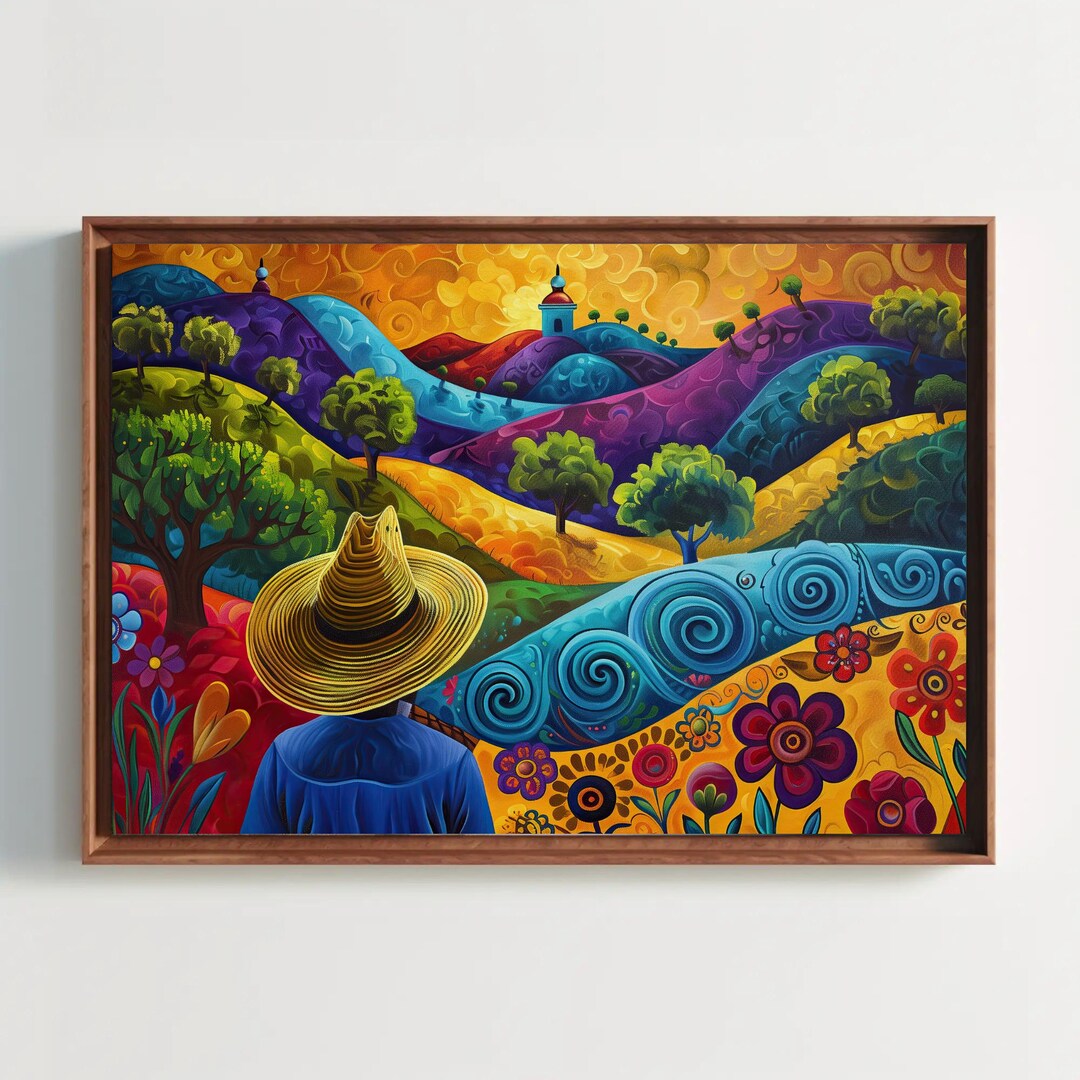 Mexican Folk Art Canvas Print – Colorful Landscape, Man in Sombrero - Etsy