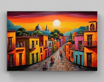 Mexican Village Landscape Art Print, Colorful Oaxaca Decor