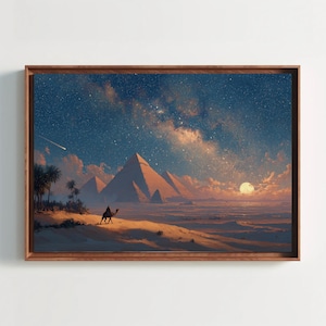 Egypt Pyramids Night Canvas Art | Desert Moon Landscape Print | Mystic Travel Decor