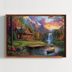 Rustic Cabin & Autumn Forest Canvas Print, Deer Wildlife Painting, Cozy Woodland Wall Art for Living Room or Lodge Decor