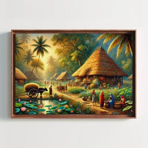 Magic of Indian Village Oil Painting | Surreal Indian Wall Art | Rural Indian Culture Canvas Print for Living Room Bedroom | Ready to Hang