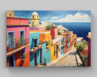 May include: Vibrant watercolor painting of a coastal town with colorful buildings. The buildings are painted in shades of pink, turquoise, orange, and yellow. Balconies with potted plants and a domed structure are visible. The sea and sky are blue.