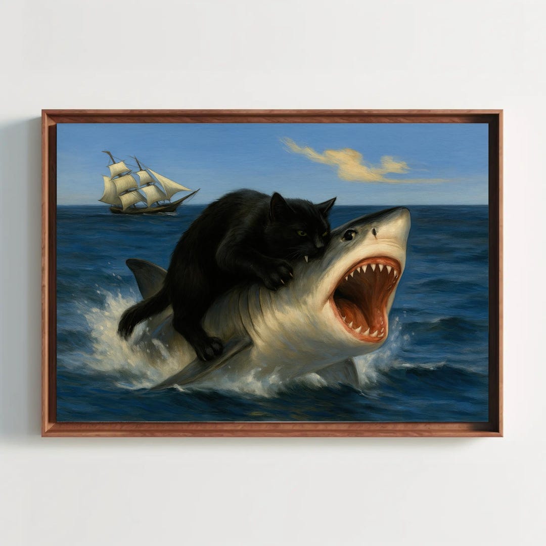 Black Cat Riding Shark Canvas Wall Art Print for Funny Surreal Decor or ...