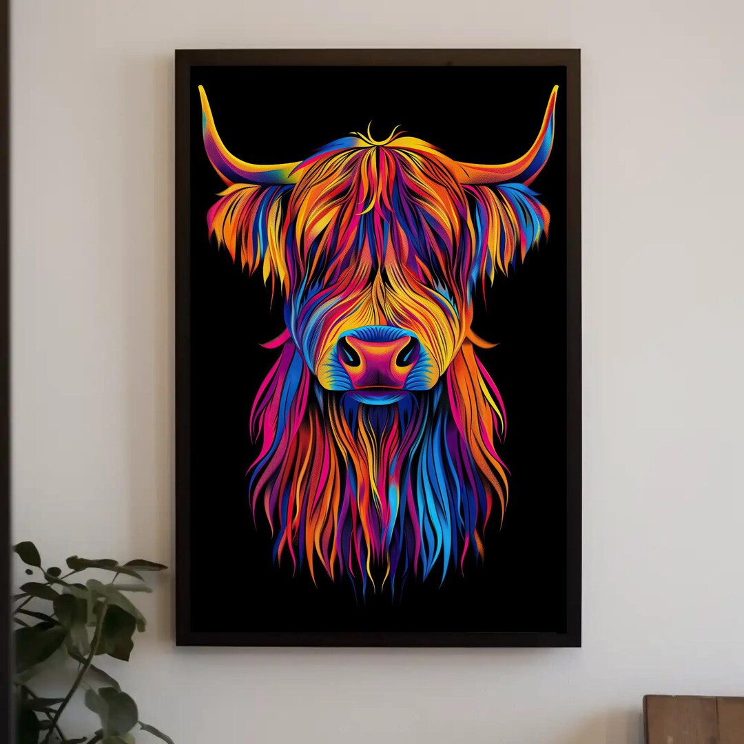 Colourfull Cow Colorful Highland Cow Art Print, Rustic Farmhouse Wall Decor - Etsy