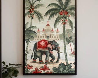 Framed Indian Elephant Canvas Art | Vintage Style Landscape Painting