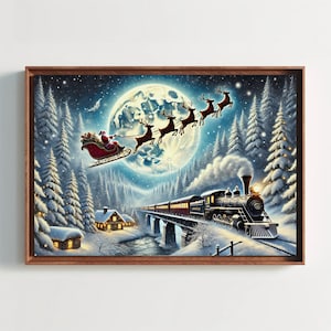 Santa Sleigh Ride with Reindeer and Train, Christmas Night Scene Art, Winter Wonderland Canvas, Festive Wall Decor, Holiday Magic Print