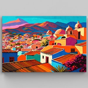 Mexican Town Landscape Painting, Vibrant Artwork for Home Decor, Colorful Wall Art for Living Room, Ethnic Art Prints, Mexican Art